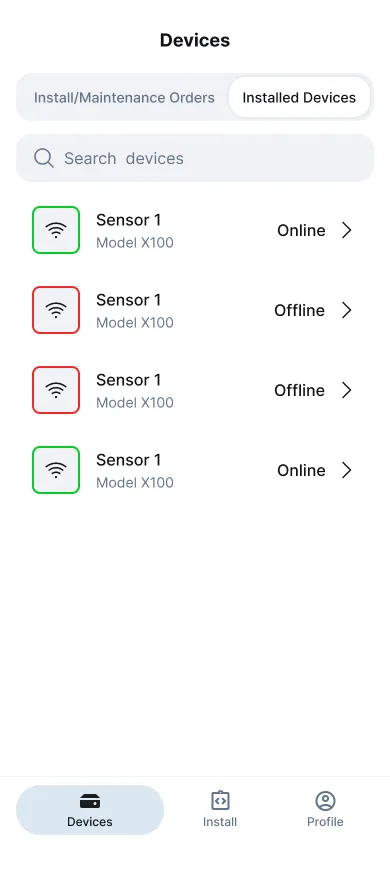 Main interface showing active sensors