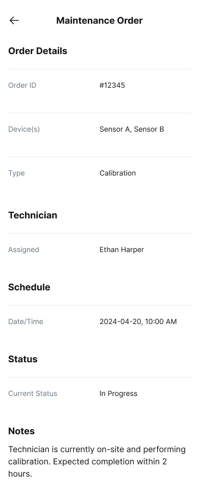 Maintenance order interface for tracking service and inspection requirements