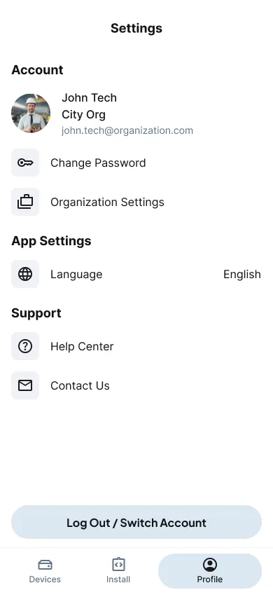 Technician profile interface showing role-based access control